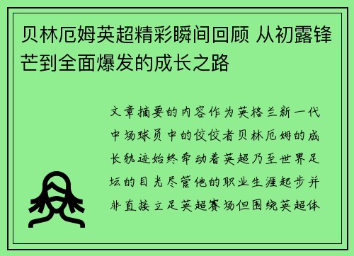 贝林厄姆英超精彩瞬间回顾 从初露锋芒到全面爆发的成长之路 贝林厄姆英超精彩瞬间回顾 从初露锋芒到全面爆发的成长之路